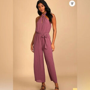 Lulus Only the Sweetest Mauve Purple Swiss Dot
Halter Jumpsuit NWT Size‎ SMALL!